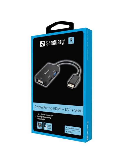 SANDBERG Kijelző konverter, Adapter DP>HDMI+DVI+VGA