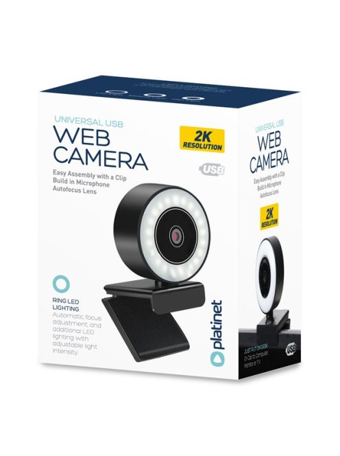 PLATINET webkamera, PCWC2KAF, 2K felbontás, autofókusz, beépített mikrofon zajszűrővel, LED videofény VLOG-hoz, streamer