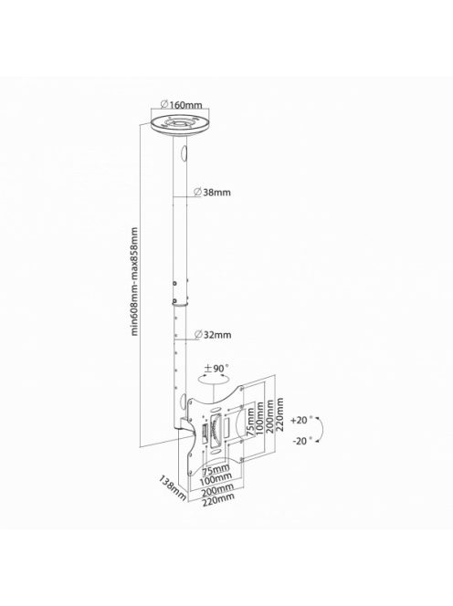 SBOX CPLB-28S mennyezeti fali konzol, dönthető, forgatható, 23"-42", 200x200, max 30 kg