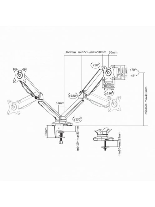 SBOX LCD-S024 Asztali dupla monitor tartó konzol, dönthető, forgatható, 13"-27", 100x100, max 6 kg