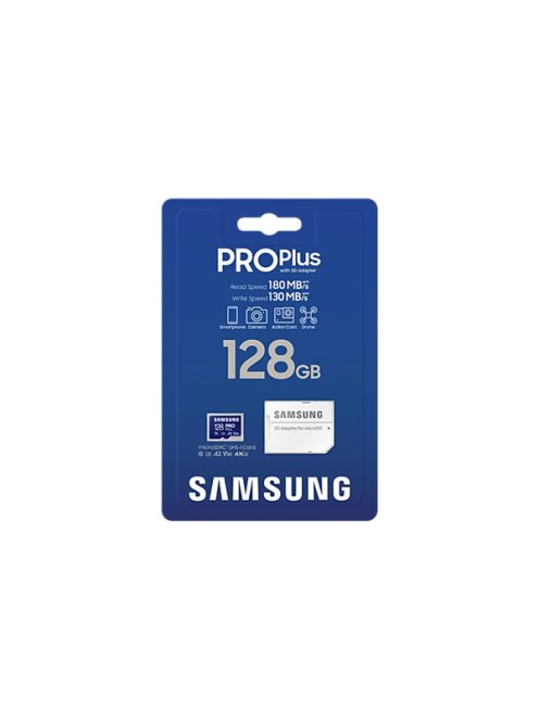 SAMSUNG Memóriakártya, PRO Plus microSDXC kártya 128GB, CLASS 10, UHS-I, U3, V30, A2, + Adapter, R180/W130