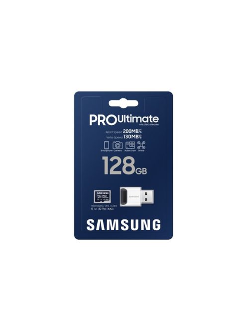 SAMSUNG Memóriakártya, PRO Ultimate microSD with Reader 128GB, Class 10, V30, A2, Grade 3 (U3), R200/W130, +Adapter