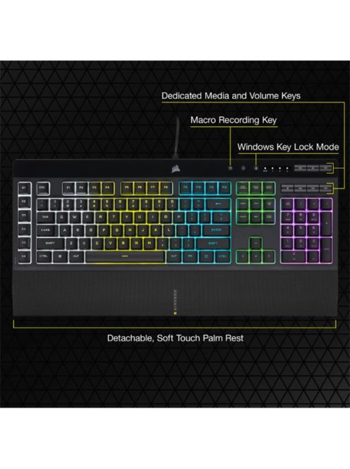 CORSAIR Vezetékes Billentyűzet Gaming, K55 RGB PRO, 6 programozható billentyű, Cseppálló, Csuklótámasz, US, fekete