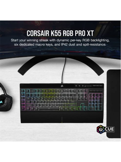 CORSAIR Vezetékes Billentyűzet Gaming, K55 RGB PRO XT, 6 programozható billentyű, Cseppálló, Csuklótámasz, US, fekete