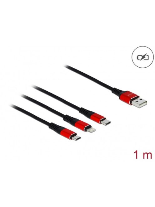 DELOCK Töltőkábel 3in1 USB Type-A > Lightning / Micro USB / USB Type-C 1m fekete / piros