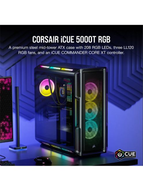 CORSAIR Ház iCUE 5000T RGB, 3xLL120 RGB Ventillátorral + Commander Core XT, Tápegység nélkül, Edzett Üveg, fekete