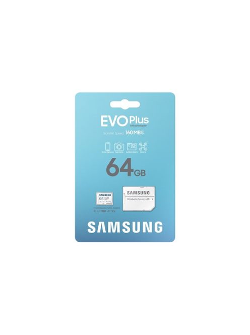 SAMSUNG Memóriakártya, EVO Plus microSDXC kártya, 64GB, UHS-I, U1, V10, A1, + SD Adapter, R160/W