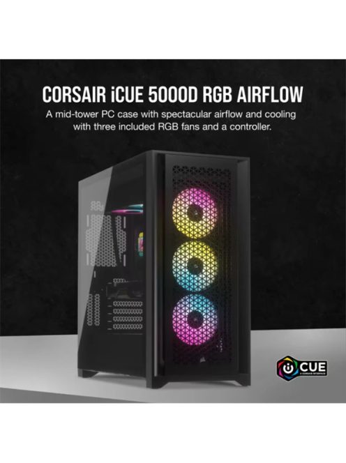 CORSAIR Ház iCUE 5000D RGB AIRFLOW, 3xAF120 RGB Ventillátorral + iCUE Kontroller, Tápegység nélkül, Edzett Üveg, fekete