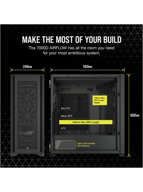 CORSAIR Ház 7000D AIRFLOW, 3x140mm Ventillátorral, Tápegység nélkül, Edzett Üveg, fekete