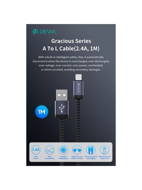 DEVIA ST108035 Gracious v2 12W USB/Lightning 1m -es fekete adat-és töltőkábel