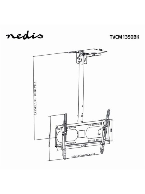 Nedis TVCM1350BK mennyezeti (plafonra szerelhető) TV / monitor állvány/tartó konzol, 42-65", dönthető, forgatható, 45kg