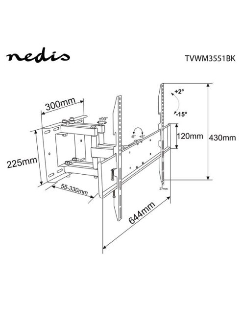 Nedis TVWM3551BK szabadon mozgatható fali LCD TV / monitor tartó konzol (37"-80"), 35kg