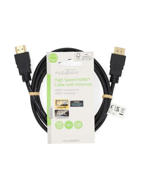 Nedis CVGL34060BK150 ultra HD HDMI kábel, HDMI dugó - dugó, 4K@60Hz, ARC, 18 Gbps, aranyozott csatlakozók, hossz 15m