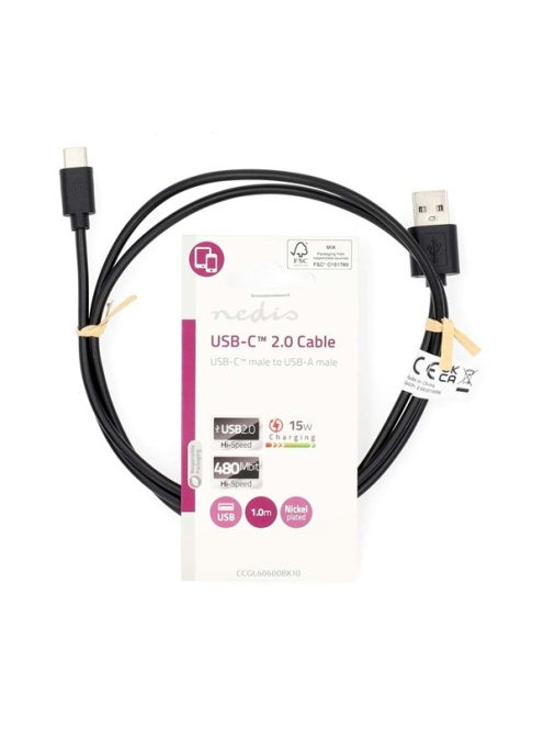 Nedis CCGL60600BK10 USB A - USB C (USB-C) kábel, USB2.0, 15W, hossz 1m