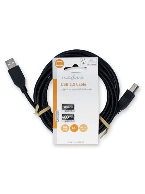 Nedis CCGL60100BK30 USB2.0, USB A - B kábel, 480Mbs, 10W, hossz 3m