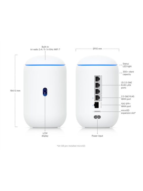 UBiQUiTi Dream Router TriBand 3x2,5Gbps (LAN) 1xPOE Out + 2xWAN (SFP+, RJ45), WiFi7, Asztali - UDR7