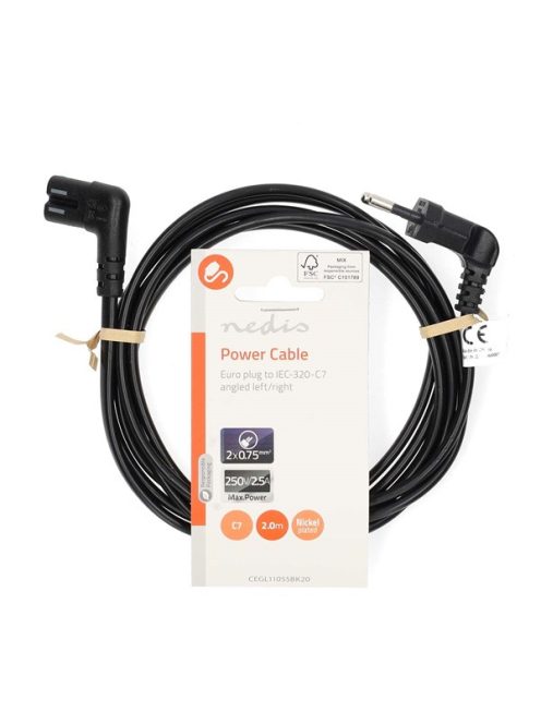 Nedis CEGL11055BK20 tápkábel, Euro dugó,  IEC-320-C7,  pipa, szögben balra, 2m, fekete