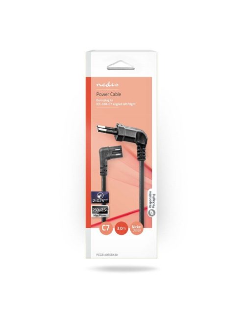 Nedis CEGL11055BK30 tápkábel, Euro dugó,  IEC-320-C7,  pipa, szögben balra, 3m, fekete