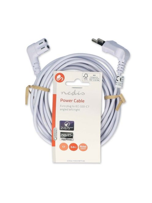 Nedis CEGL11055WT30 tápkábel, Euro dugó,  IEC-320-C7,  pipa, szögben balra, 3m, fehér