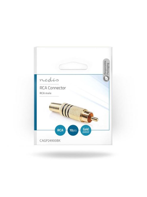 Nedis CAGP24900BK RCA csatlakozó, 10 db, Egyenes, Aranyozott,  Forrasztható, Kábel bemeneti átmérő: 7,0 mm, Fém