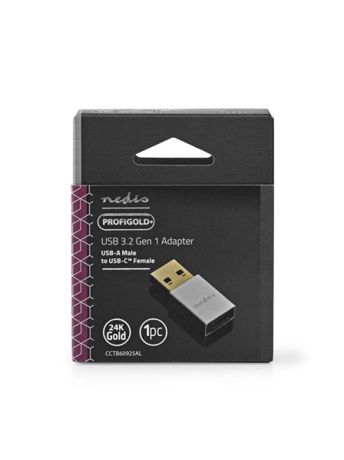 Nedis CCTB60925AL USB-A adapter, USB 3.2 Gen 1, USB-A férfi, USB-C™ anya, 5 Gbps,  kerek,  Nikkelezett, Ezüst