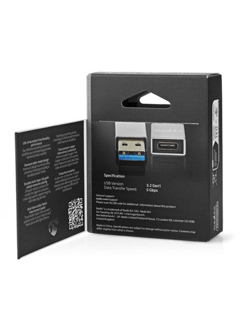 Nedis CCTB60925AL USB-A adapter, USB 3.2 Gen 1, USB-A férfi, USB-C™ anya, 5 Gbps,  kerek,  Nikkelezett, Ezüst