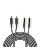 Nedis COTH24200GY15 sztereo audio kábel, 2x RCA dugó,  2x RCA dugó, Nikkelezett,  1,50 m, rugalmas