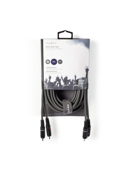 Nedis COTH24200GY50 sztereo audio kábel, 2x RCA dugó,  2x RCA dugó, Nikkelezett,  5 m, rugalmas
