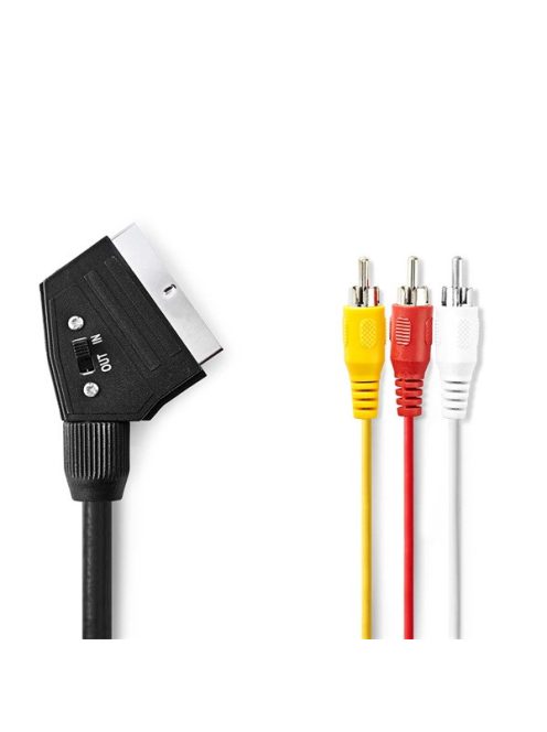 Nedis CVGP31130BK10 SCART kábel, 3x RCA férfi, Nikkelezett, Kapcsolható, 480p, 1,00 m, kerek, PVC, Fekete