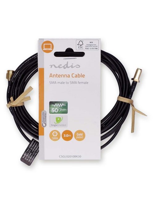 Nedis CSGL02010BK30 SMA kábel, SMA apa,  SMA anya, Aranyozott, 50 Ohm,  árnyékolt, 3,00 m | kerek,  PVC, Fekete