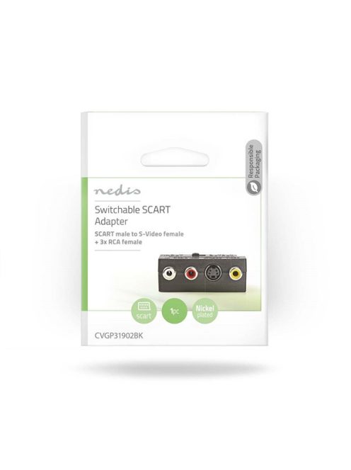 Nedis CVGP31902BK SCART adapter, SCART Férfi | S-Video nő / 3x RCA nő, Nikkelezett,  Kapcsolható, ABS, Fekete, 1 db