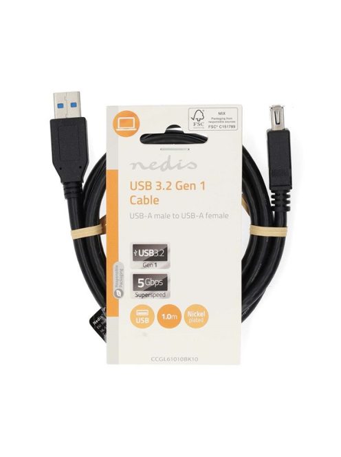 Nedis CCGL61010BK10 USB3.2 toldó / hosszabító kábel, USB A dugó, USB-A aljzat, 5 Gbps, 1m, (USB3.1, USB3.0, USB2.0)