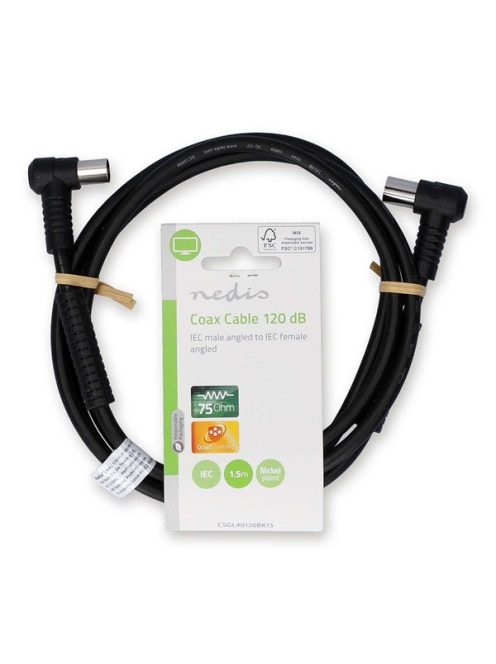 Nedis CSGL40120BK15 koax RF kábel, koax férfi (dugó), koax női (aljzat) 120 dB, 75 Ohm, Négyszeresen árnyékolt ,  1,5m