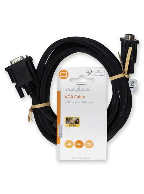 Nedis CCGL59000BK30, VGA kábel, VGA dugó Nikkelezett Maximális felbontás: 1280x768 3,00 m Kerek ABS Fekete