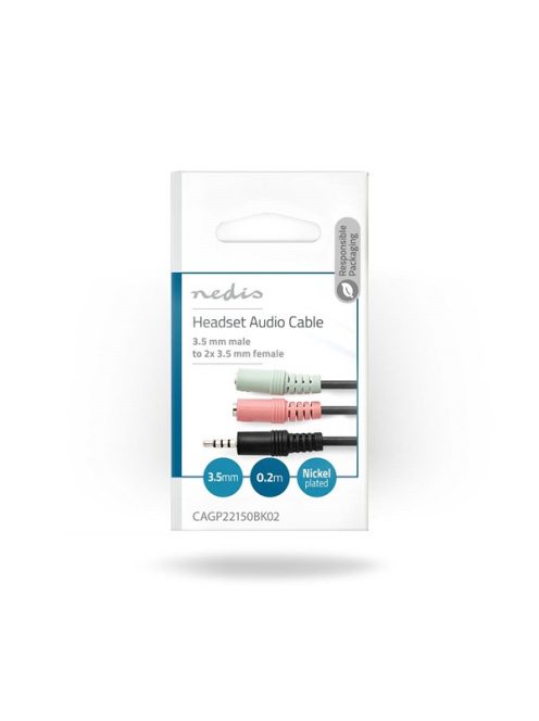 Nedis sztereó audio kábel, CAGP22150BK02, 3,5 mm-es dugó 2x 3,5 mm-es anya Nikkelezett 0,20 m Kerek Fekete Boríték