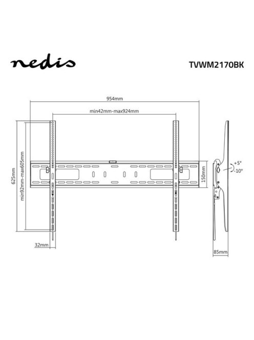 Nedis TVWM2170BK LCD TV / monitor fali tartó konzol, 60 - 100 " Max. teherbírás: 75 kg, dönthető: 5 °