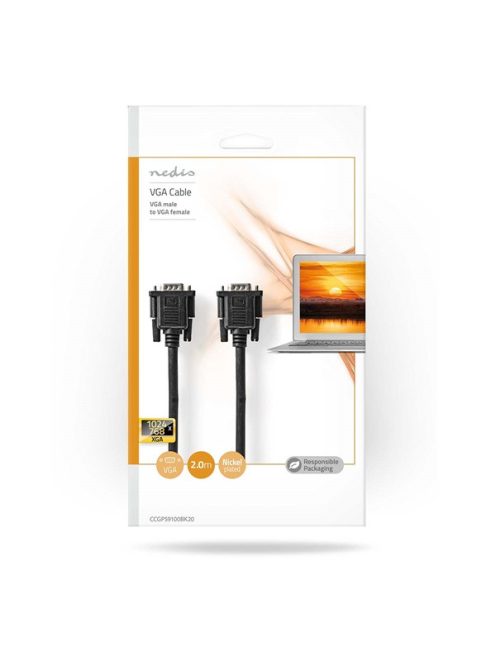 Nedis CCGP59100BK20, VGA kábel, VGA dugó VGA anya Nikkelezett Maximális felbontás:1280x800  2,00 m  Kerek ABS fekete
