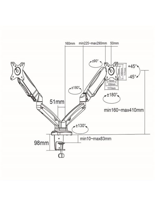 Nedis MMDOSGS110BK gázrugós asztali monitor tartó, dupla, 15-32" | 75x75 / 100x100