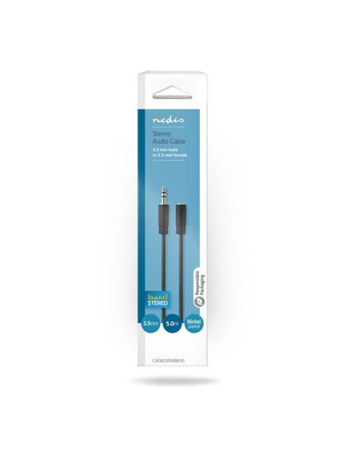Nedis CAGB22050BK50 sztereo audio kábel, 3,5 mm jack dugó - 3,5 mm jack aljzat,  5 m