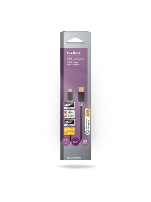 Nedis CCBW60600AT10 USB kábel, USB2.0 Gen 1, USB-A dugó - USB-C dugó, 60 W | 480 Mbps, 1 m