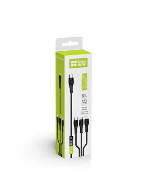 COLORWAY Kábel Type-C CW-CBPDU3060-BK, 3B1 (Lightning+MicroUSB+Type-C) 3.0A (PD60W adatok) 1.2 fekete