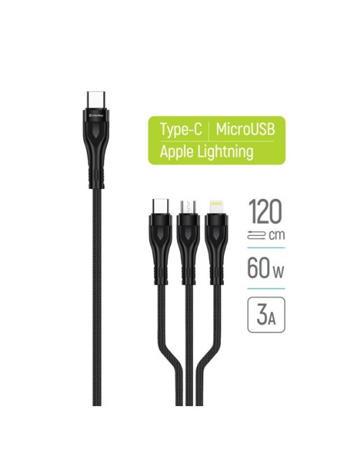 COLORWAY Kábel Type-C CW-CBPDU3060-BK, 3B1 (Lightning+MicroUSB+Type-C) 3.0A (PD60W adatok) 1.2 fekete