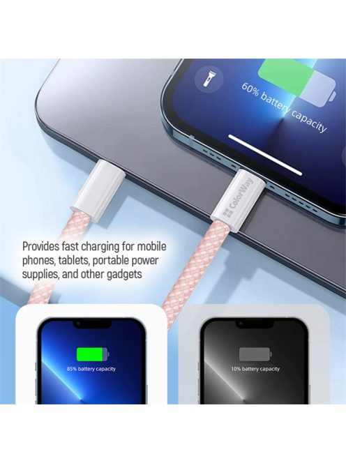 COLORWAY Kábel Type-C CW-CBPDCC061-P, fonott pamut, PD Fast Charging 60W, 3,0A 1M rózsaszín