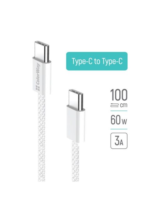 COLORWAY Kábel Type-C CW-CBPDCC061-GR, fonott pamut, PD Fast Charging 60W, 3,0A 1M szürke