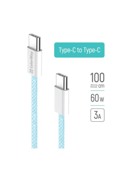 COLORWAY Kábel Type-C CW-CBPDCC061-BL, fonott pamut, PD Fast Charging 60W, 3,0A 1M kék
