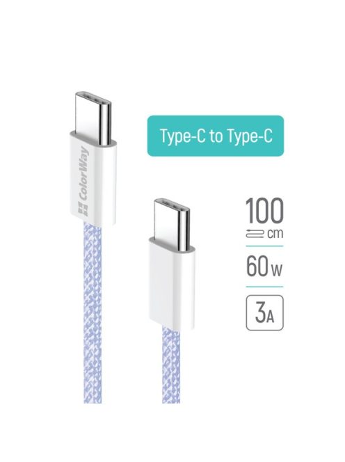 COLORWAY Kábel Type-C CW-CBPDCC061-PU, fonott pamut, PD Fast Charging 60W, 3,0A 1M lila