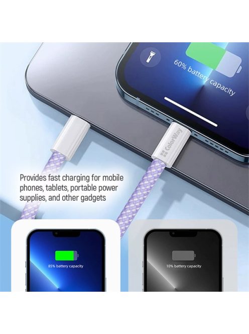 COLORWAY Kábel Type-C CW-CBPDCC061-PU, fonott pamut, PD Fast Charging 60W, 3,0A 1M lila