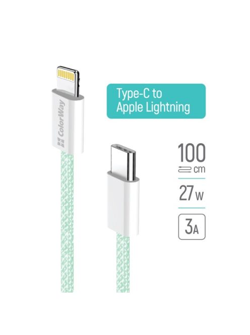COLORWAY Kábel Type-C CW-CBPDCL061-G, Apple Lightning, fonott pamut, PD 27W, 1M zöld