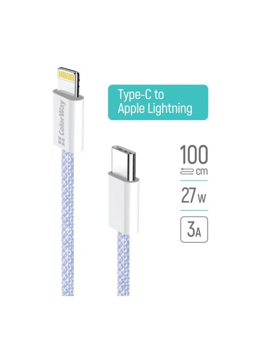 COLORWAY Kábel Type-C CW-CBPDCL061-PU, Apple Lightning, fonott pamut, PD 27W, 1M lila