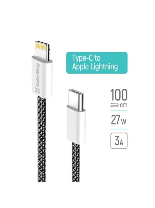 COLORWAY Kábel Type-C CW-CBPDCL061-BK,  Apple Lightning, fonott pamut, PD 27W, 1M fekete